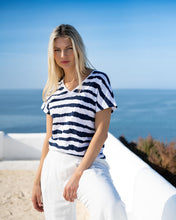Load image into Gallery viewer, MARBLE STRIPED 7364 V NECK TOP COL 103 NAVY
