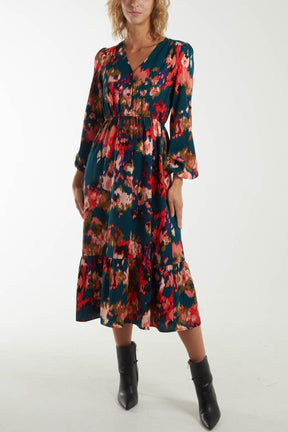 NOVA ABSTRACT PRINT BUTTON DOWN SHIRRED WAIST DRESS