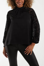 Load image into Gallery viewer, HIGH NECK FLORAL FLOCKED MESH SLEEVE BLOUSE - BLACK
