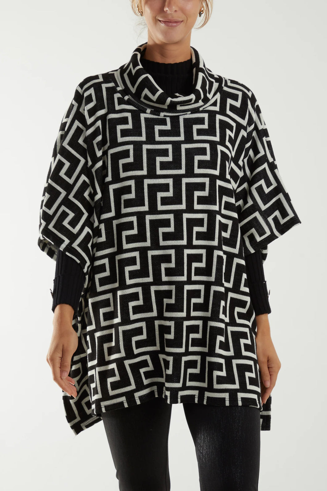 NOVA ROLL NECK GEOMETRIC PATTERN PONCHO - BLACK