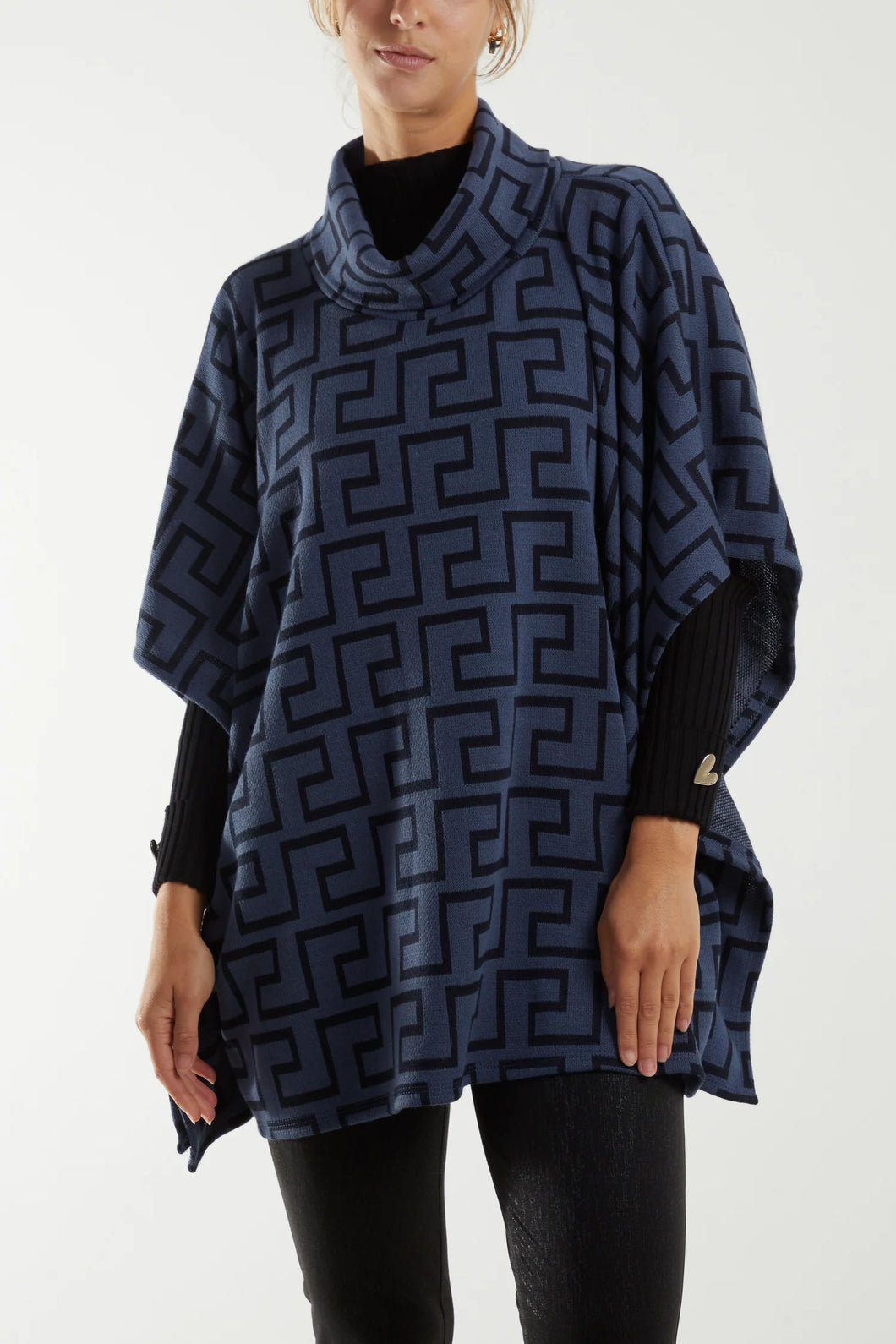 NOVA ROLL NECK GEOMETRIC PATTERN PONCHO - DENIM