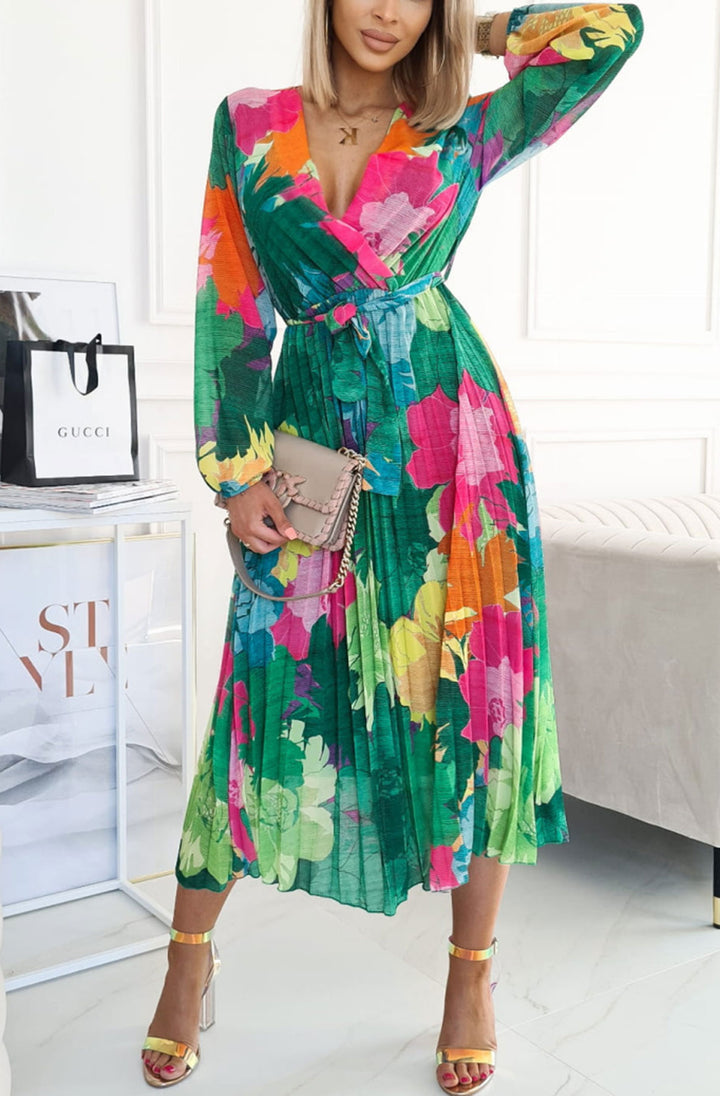 SHARON FLORAL CHIFFON PLEATED MAXI DRESS - GREEN