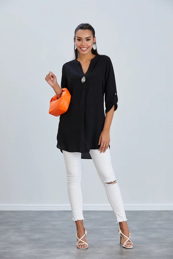 JQ OVERSIZED SHIRT WITH BROOCH - BLACK